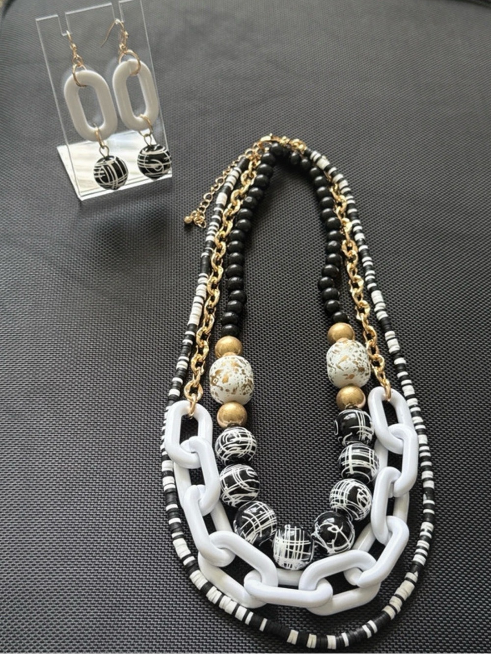 Cato Black, White & Gold Multi-Strand Beaded Necklace Set